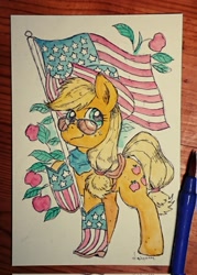 Size: 1463x2048 | Tagged: safe, artist:daisymane, applejack, earth pony, pony, g4, american flag, amerijack, apple, boots, cowboy boots, female, food, hoof hold, mare, shoes, smiling, solo, sunglasses, traditional art