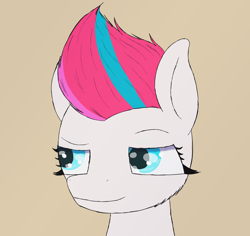 Size: 1800x1700 | Tagged: safe, artist:php176, derpibooru exclusive, zipp storm, pegasus, pony, g5, bust, eyebrows, female, looking sideways, mare, raised eyebrow, simple background, smiling, smirk, smug expression, smug smile, solo, tan background