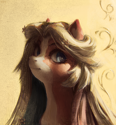 Size: 2796x3000 | Tagged: safe, artist:rvsd, oc, oc only, pony, aside glance, blaze (coat marking), bust, coat markings, facial markings, female, flower, flower in hair, high res, looking at you, mare, mealy mouth (coat marking), painterly, portrait, solo, three quarter view