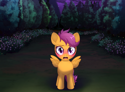 Size: 3800x2800 | Tagged: safe, artist:nihithebrony, scootaloo, pegasus, pony, elements of justice, g4, blushing, bonds of justice, confession, cute, dark, detailed background, female, filly, foal, forest background, high res, looking at you, night, open mouth, outdoors, solo, spread wings, tree, wings