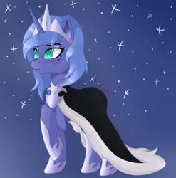 Size: 3240x3280 | Tagged: safe, artist:krymak, princess luna, alicorn, pony, g4, blue background, clothes, crown, female, freckles, high res, hoof shoes, jewelry, mare, regalia, robe, simple background, solo, stars