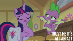 Size: 2000x1125 | Tagged: safe, edit, edited screencap, editor:quoterific, screencap, spike, twilight sparkle, alicorn, dragon, pony, g4, the point of no return, bag, hoof on chest, saddle bag, stool, twilight sparkle (alicorn), winged spike, wings