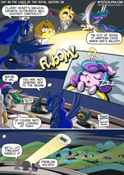 Size: 2171x3070 | Tagged: safe, artist:mysticalpha, princess celestia, princess flurry heart, princess luna, alicorn, pony, comic:day in the lives of the royal sisters, g4, a trip to the moon, baby, baby pony, bat signal, cannon, deus ex machina, dialogue, female, filly, foal, high res, implied twilight sparkle, magic, magic aura, mare, onomatopoeia, royal sisters, shout out, siblings, sisters, sleeping, sound effects, speech bubble, spotlight, to the moon, uselesstia, zzz