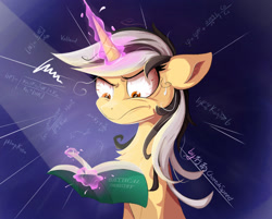 Size: 1741x1401 | Tagged: safe, artist:行豹cheetahspeed, oc, oc only, oc:autumn trace, pony, unicorn, black and white mane, blue background, book, facial expressions, formula, glowing, glowing horn, horn, magic, magic aura, orange eyes, solo, tired, yellow skin