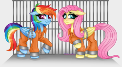 Size: 3861x2133 | Tagged: safe, artist:nekomellow, fluttershy, rainbow dash, pegasus, pony, g4, bound wings, chained, chains, clothes, duo, female, high res, jumpsuit, mare, prison outfit, prisoner fs, prisoner rd, shackles, wings