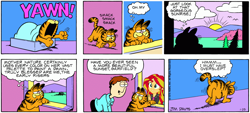 Size: 1200x542 | Tagged: safe, artist:nyperold, edit, sunset shimmer, cat, human, equestria girls, g4, my little pony equestria girls: better together, comic, crossover, female, garfield, jon arbuckle, male, speech bubble, square root of minus garfield, thought bubble