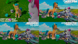 Size: 2000x1125 | Tagged: safe, edit, edited screencap, editor:quoterific, screencap, hitch trailblazer, sparky sparkeroni, zipp storm, dragon, earth pony, pegasus, pony, g5, izzy does it, my little pony: make your mark, my little pony: make your mark chapter 2, spoiler:g5, spoiler:my little pony: make your mark, spoiler:my little pony: make your mark chapter 2, female, mare