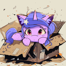 Size: 3072x3072 | Tagged: safe, artist:nari_artsz, izzy moonbow, pony, unicorn, g5, box, cute, ear fluff, eyebrows, eyebrows visible through hair, female, high res, horn, if i fits i sits, izzybetes, looking at you, mare, pony in a box, solo