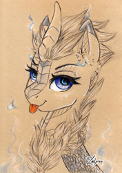 Size: 1024x1444 | Tagged: safe, artist:lailyren, oc, oc only, oc:lemon muffins, kirin, bust, portrait, solo, tongue out, traditional art