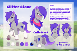 Size: 3935x2607 | Tagged: safe, artist:autumnsfur, oc, oc only, oc:glitter stone, earth pony, pony, g4, g5, angry, bandana, bisexual pride flag, bisexuality, blue eyes, blue hair, blue mane, blue tail, blurry background, blushing, bust, butt, chest fluff, clothes, coat markings, cutie mark, diamond, diamond cutie mark, earth pony oc, female, full body, gray coat, grey fur, happy, high res, hooves, introvert, logo, long hair, long mane, looking at something, looking at you, looking down, mare, multicolored tail, nervous, plot, pony oc, pride, pride flag, purple eyes, purple hair, purple mane, purple tail, raised hoof, reference sheet, scarf, shy, side view, signature, smiling, smirk, socks (coat markings), tail, text