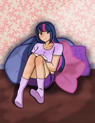 Size: 1275x1650 | Tagged: safe, artist:breezybl97, twilight sparkle, human, g4, blushing, book, clothes, cute, female, humanized, pillow, reading, shirt, sitting, skirt, socks, solo, stocking feet, t-shirt, twiabetes