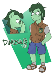 Size: 2128x3024 | Tagged: safe, artist:dimbulb, oc, oc only, oc:dimbulb, human, pony, equestria girls 10th anniversary, equestria girls, g4, clothes, denim, denim shorts, equestria girls-ified, glasses, high res, patch, sandals, shorts, side view, socks, socks with sandals, solo, vest