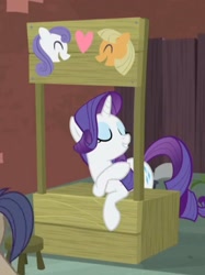 Size: 937x1250 | Tagged: safe, screencap, rarity, winning goal, pony, unicorn, g4, made in manehattan, booth, heart, kissing booth, offscreen character, out of context, stand
