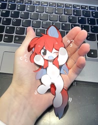 Size: 1606x2048 | Tagged: safe, artist:amo, oc, human, pony, computer, hand, holding a pony, in goliath's palm, irl, laptop computer, one eye closed, photo, ponies in real life, size difference, solo, tiny, tiny ponies