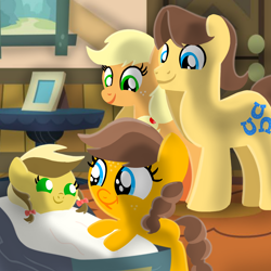 Size: 1400x1400 | Tagged: safe, artist:mlplary6, applejack, caramel, oc, oc:apple honey, oc:apple sweet, earth pony, pony, g4, baby, baby pony, cradle, family, female, filly, foal, husband and wife, looking at each other, looking at someone, male, mare, newborn, offspring, parent:applejack, parent:caramel, parents:carajack, ship:carajack, shipping, siblings, sisters, smiling, smiling at each other, stallion, straight