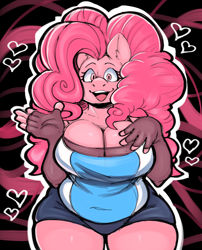 Size: 3336x4122 | Tagged: safe, artist:does-whatever, pinkie pie, earth pony, anthro, g4, abstract background, anthrofied, arm warmers, big breasts, breasts, busty pinkie pie, chubby, clothes, female, heart, long hair, looking at you, open mouth, open smile, pink body, pink eyes, pink hair, plump, shorts, smiling, solo, standing, thighs, three quarter view, wrong eye color