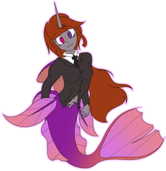 Size: 2631x2713 | Tagged: safe, artist:bryony6210, oc, oc only, oc:funny jo, human, mermaid, equestria girls, g4, business suit, clothes, female, fins, fish tail, heterochromia, high res, horn, mermaid tail, mermaidized, multicolored tail, necktie, scar, side fins, simple background, slit pupils, smiling, solo, species swap, tail, transparent background