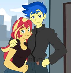 Size: 2222x2272 | Tagged: safe, artist:aokushan, flash sentry, sunset shimmer, human, equestria girls 10th anniversary, equestria girls, g4, :3, duo, female, high res, male, ship:flashimmer, shipping, straight