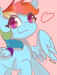Size: 1080x1440 | Tagged: safe, artist:twiliset, derpibooru exclusive, rainbow dash, pegasus, pony, g4, cool, cute, female, happy, heart, looking at you, mare, red background, simple background, smiling, smiling at you, solo, spread wings, wings