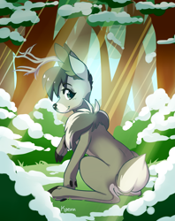Size: 2647x3349 | Tagged: safe, artist:kaenn, oc, oc only, oc:katzeneln, deer, cloven hooves, crepuscular rays, forest, high res, looking at you, looking back, looking back at you, snow, solo, winter