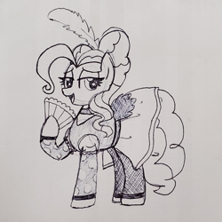 Size: 1821x1821 | Tagged: safe, artist:legendoflink, pinkie pie, earth pony, pony, g4, clothes, dress, fan, female, looking at you, mare, monochrome, saloon dress, saloon pinkie, simple background, solo, traditional art