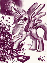 Size: 3000x4000 | Tagged: safe, artist:ja0822ck, princess cadance, queen chrysalis, alicorn, changeling, changeling queen, pony, g4, crown, defeated, heart, jewelry, monochrome, regalia, smiling