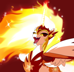 Size: 2160x2100 | Tagged: safe, artist:andromedasparkz, daybreaker, alicorn, pony, g4, armor, female, folded wings, high res, magic, magic aura, mane of fire, mare, open mouth, simple background, solo, wings