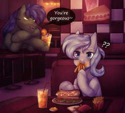 Size: 2048x1861 | Tagged: safe, artist:dereketto, oc, oc only, oc:bean shooter, oc:stone steps, earth pony, pony, confused, couple, cute, date, diner, drink, drinking straw, duo, duo male and female, eating, embarrassed, female, food, french fries, herbivore, leaning, male, oc x oc, sandwich, shipping, straight