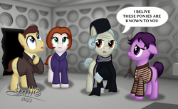 Size: 3264x2001 | Tagged: safe, artist:tidmouthmilk12, doctor whooves, time turner, earth pony, pony, g4, atg 2023, barbara wright, clothes, coat, doctor who, first doctor, hat, high res, ian chesterton, jacket, necktie, newbie artist training grounds, scarf, shirt, striped scarf, striped shirt, susan foreman, tardis, tardis console room, wrinkles