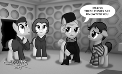 Size: 3264x2001 | Tagged: safe, artist:tidmouthmilk12, doctor whooves, time turner, earth pony, pony, g4, atg 2023, barbara wright, black and white, clothes, coat, doctor who, first doctor, grayscale, hat, high res, ian chesterton, jacket, monochrome, necktie, newbie artist training grounds, scarf, shirt, striped scarf, striped shirt, susan foreman, tardis, tardis console room, wrinkles