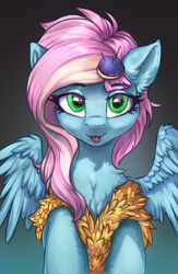 Size: 1300x2000 | Tagged: safe, artist:kirby_orange, kerfuffle, pegasus, pony, collaboration:meet the best showpony, g4, chest fluff, clothes, collaboration, cute, ear fluff, female, fluffy, gradient background, green eyes, kerfluffle, looking at you, mare, solo, tongue out, wings