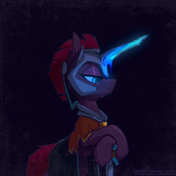 Size: 1298x1298 | Tagged: safe, artist:blue ink, edit, editor:tss, tempest shadow, pony, unicorn, g4, armor, artificial horn, augmented, broken horn, cloak, clothes, eye scar, facial scar, female, helmet, horn, horn guard (armor), magic, magic horn, order storm ponies, poster, poster parody, scar, simple background, sword, weapon