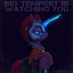 Size: 1298x1298 | Tagged: safe, artist:blue ink, edit, editor:tss, tempest shadow, pony, unicorn, g4, armor, artificial horn, augmented, broken horn, cloak, clothes, eye scar, facial scar, female, helmet, horn, horn guard (armor), looking at you, magic, magic horn, order storm ponies, poster, poster parody, propaganda, propaganda poster, scar, simple background, sword, weapon