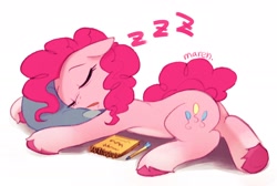 Size: 2048x1376 | Tagged: safe, artist:maren, pinkie pie, earth pony, pony, g4, ballpoint pen, coat markings, colored hooves, drool, eyes closed, female, lying down, mare, notepad, onomatopoeia, pale belly, prone, signature, simple background, sleeping, socks (coat markings), solo, sound effects, traditional art, unshorn fetlocks, white background, zzz