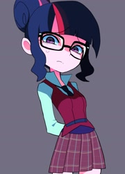Size: 1562x2168 | Tagged: safe, artist:cheesesauce_45, sci-twi, twilight sparkle, human, equestria girls, g4, clothes, crystal prep academy uniform, female, frown, glasses, looking at you, necktie, school uniform, schoolgirl, simple background, skirt, solo, standing, sweat, sweatdrop
