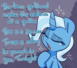 Size: 2200x1928 | Tagged: safe, artist:lou, trixie, pony, unicorn, g4, dialogue, eyes closed, female, high res, implied lesbian, implied shipping, implied twilight sparkle, implied twixie, mare, meme, open mouth, solo, wordplay