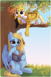 Size: 1956x2940 | Tagged: safe, artist:anku, derpibooru exclusive, oc, oc only, oc:beaky, oc:brave blossom, griffon, pegasus, pony, fanfic:yellow feathers, biting, book, duo, female, griffon oc, male, mother and child, mother and son, pegasus oc, tail, tail bite, tree, tree branch