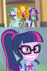 Size: 1260x1914 | Tagged: safe, artist:bigpurplemuppet99, edit, edited screencap, screencap, adagio dazzle, aria blaze, sci-twi, sonata dusk, twilight sparkle, human, equestria girls, g4, my little pony equestria girls: better together, my little pony equestria girls: rainbow rocks, star crossed, blushing, green smoke, hypnosis, hypnotized, the dazzlings