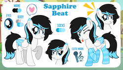 Size: 1200x689 | Tagged: safe, artist:jennieoo, oc, oc:sapphire beat, pegasus, pony, clothes, commission, cute, cutie mark, happy, looking at you, one eye closed, reference, reference sheet, show accurate, smiling, smiling at you, solo, stockings, thigh highs, tongue out, vector, wink, winking at you