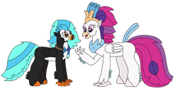 Size: 3177x1643 | Tagged: safe, artist:supahdonarudo, queen novo, oc, oc:icebeak, classical hippogriff, hippogriff, g4, my little pony: the movie, atg 2023, jewelry, looking at each other, looking at someone, necklace, newbie artist training grounds, simple background, transparent background