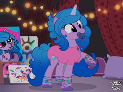 Size: 2732x2048 | Tagged: safe, artist:mommymidday, izzy moonbow, pipp petals, sunny starscout, zipp storm, earth pony, pegasus, pony, unicorn, g5, abdl, adult foal, bracelet, curtains, diaper, diaper fetish, female, fetish, friendship bracelet, high res, indoors, jewelry, lights, mane stripe sunny, mare, non-baby in diaper, onesie, pacifier, pacifier clip, painting, pillow, solo, unshorn fetlocks