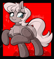 Size: 912x1006 | Tagged: safe, artist:llametsul, ms. harshwhinny, earth pony, pony, g4, atg 2023, clothes, cute, female, happy, mare, newbie artist training grounds, signature, smiling, solo, stockings, thigh highs, tight fit