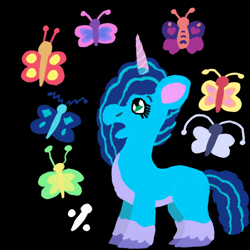 Size: 1000x1000 | Tagged: safe, artist:mintwhistle, misty brightdawn, butterfly, pony, unicorn, g5, adult blank flank, atg 2023, black background, blank flank, coat markings, colored hooves, cutie mark, female, mare, medibang paint, missing freckles, newbie artist training grounds, open mouth, pale belly, simple background, socks (coat markings), solo, unshorn fetlocks