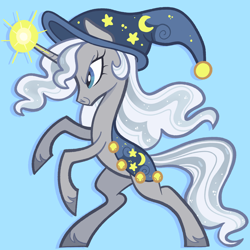 Size: 5000x5000 | Tagged: safe, artist:pilesofmiles, star swirl the bearded, pony, unicorn, g4, absurd resolution, cape, clothes, cloven hooves, female, flowing mane, glowing, glowing horn, hat, horn, light blue background, magic, mare, multicolored hair, multicolored mane, rearing, rule 63, side view, simple background, smiling, smirk, solo, starswirl the unshorn, tall, witch, witch hat, wizard, wizard hat