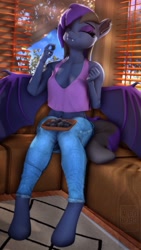 Size: 2160x3840 | Tagged: safe, artist:alcohors, oc, oc only, oc:moonshine dusk, bat pony, anthro, unguligrade anthro, 3d, blackberry, breasts, cleavage, clothes, denim, ear piercing, earring, eating, fangs, female, food, high res, jeans, jewelry, midriff, pants, piercing, solo, tail, wings