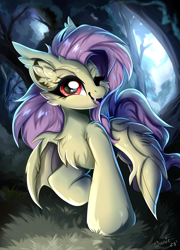 Size: 2939x4075 | Tagged: safe, artist:woonborg, fluttershy, bat pony, pegasus, pony, g4, bat ponified, chest fluff, ear fluff, evil smile, female, fluffy, flutterbat, forest, grin, high res, hybrid wings, mare, race swap, red eyes, smiling, solo, wings