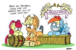 Size: 2514x1664 | Tagged: safe, artist:bobthedalek, apple bloom, applejack, rainbow dash, earth pony, pegasus, pony, g4, apple sisters, atg 2023, banner, barrel, cherub, cider, cider dash, female, foal, freckles, happy, mare, musical instrument, newbie artist training grounds, siblings, simple background, sisters, smiling, that pony sure does love cider, trio, trumpet, white background, wide smile