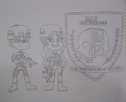 Size: 1793x1440 | Tagged: safe, artist:aldringaldofightww2, sunset shimmer, oc, oc:aldrin galdo, human, equestria girls, g4, canon x oc, clothes, g36c, gun, helmet, machine gun, military, military uniform, monochrome, traditional art, uniform, weapon