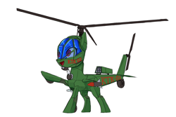Size: 1500x1000 | Tagged: safe, artist:andromailus, oc, oc only, original species, plane pony, attack helicopter, female, ktk-02, mare, missile, missile launcher, open mouth, open smile, plane, raised hoof, simple background, smiling, solo, white background