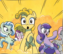 Size: 520x445 | Tagged: safe, artist:amy mebberson, idw, official comic, blossom, blue belle, butterscotch (g1), cotton candy (g1), minty (g1), snuzzle, earth pony, pony, g1, g4, spoiler:comic, spoiler:comic16, comic, female, g1 to g4, generation leap, mare, original six, preview
